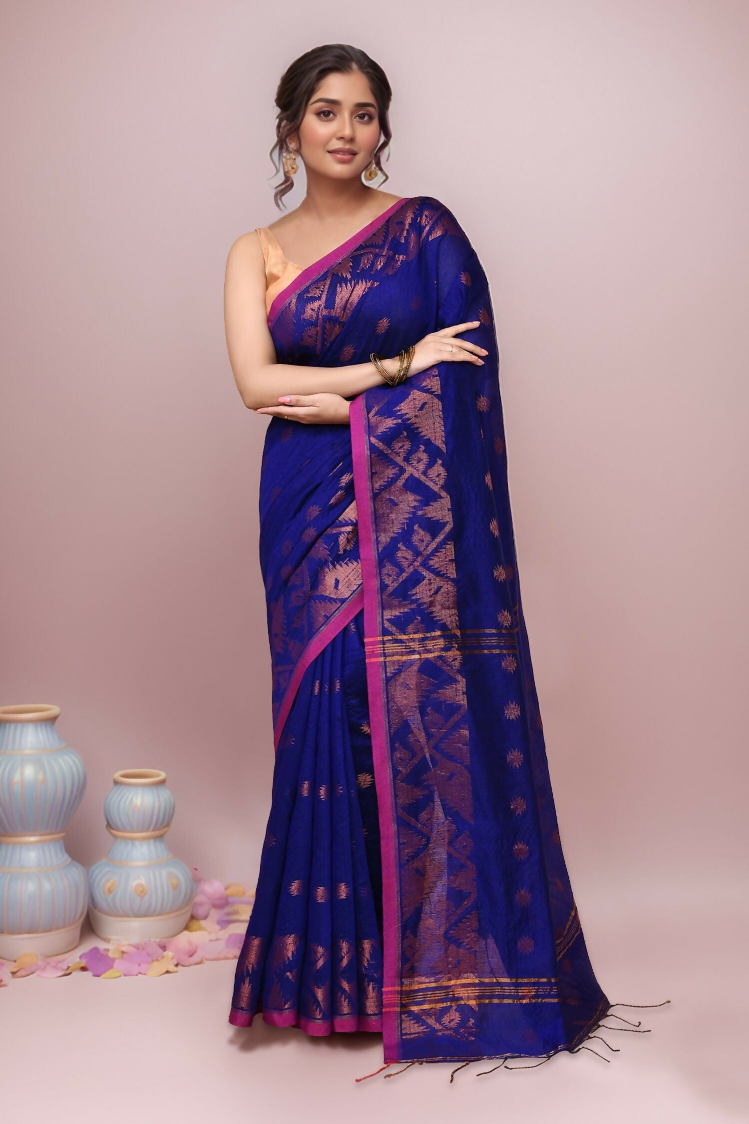 Joban Fashion Blue Cotton Blend Handloom Saree - Dista