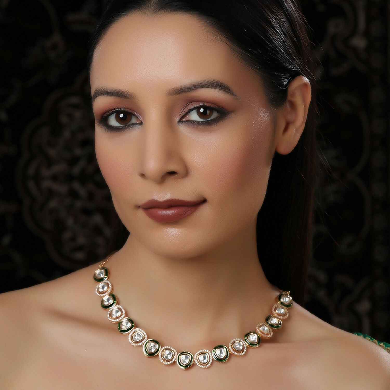 Kundan and Diamond Neckpiece with Meenakari (Gold) - Ruby Raang - Distacart