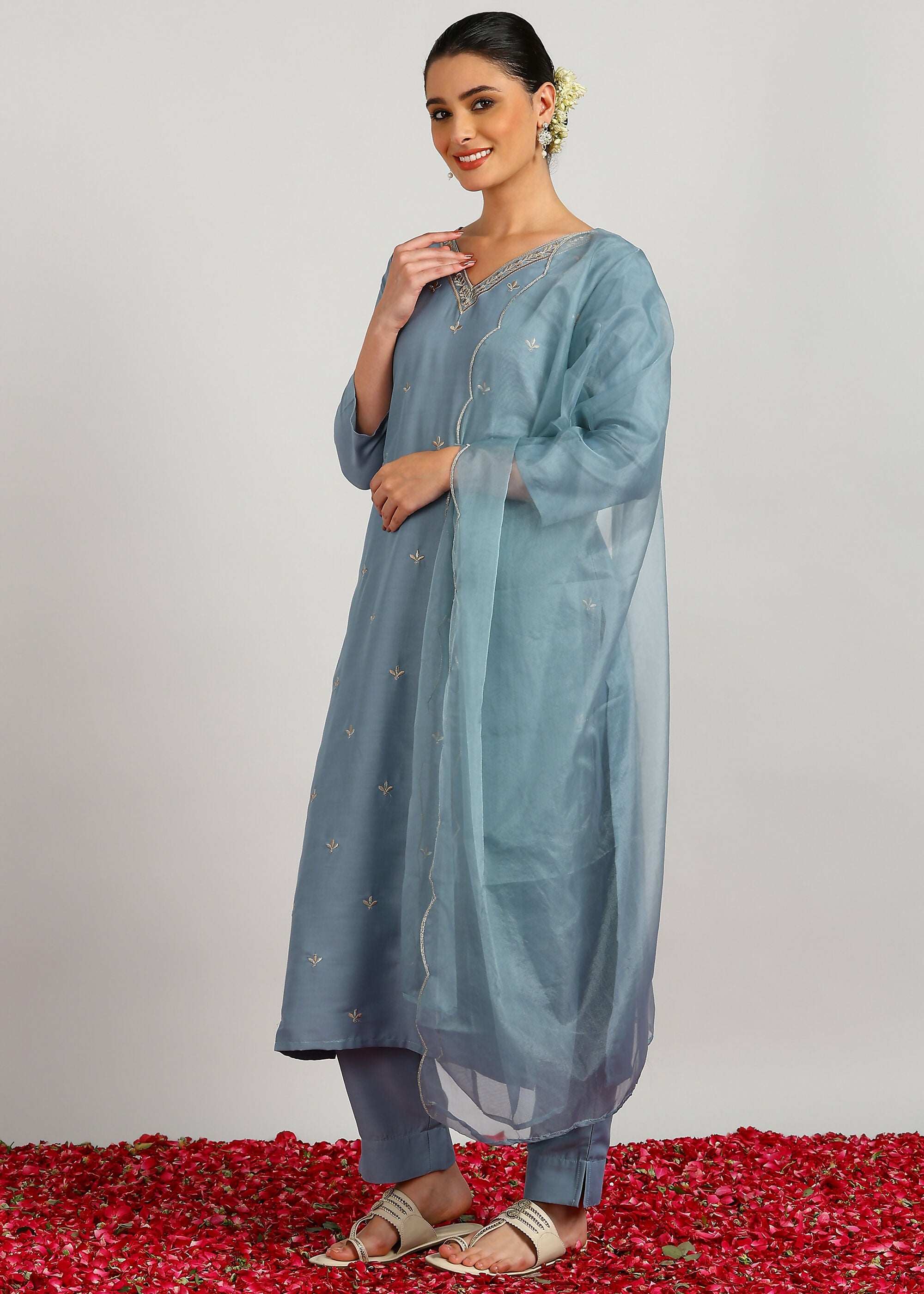 Aavyora Women's Sky Grey Embroidered Kurta Set with Dupatta