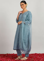 Thumbnail for Aavyora Women's Sky Grey Embroidered Kurta Set with Dupatta