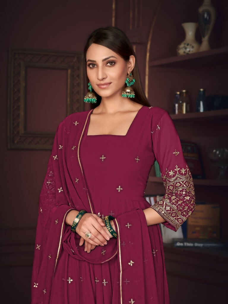 Jyoti Fashion Women's Rani Pink Georgette Embroidered Anarkali Kurta Pant Set With Dupatta - Distacart