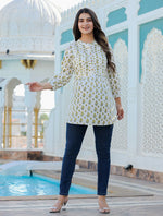 Thumbnail for Kaajh Women's Yellow-White Floral Hand Block Printed Cotton Top - Distacart