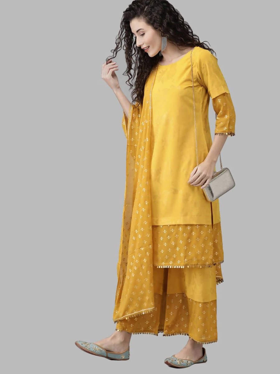 Ahalyaa Women Mustard Crepe Printed Kurta Palazzo Set With Dupatta