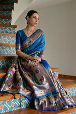 Thumbnail for Vishnu Weaves Women's Rama Paithani Silk Zari Woven Saree with Blouse