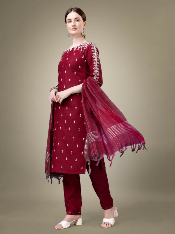 Jyoti Fashion Women's Maroon Cotton Blend Embroidery & Sequence work Kurta with Trouser & Dupatta - Distacart
