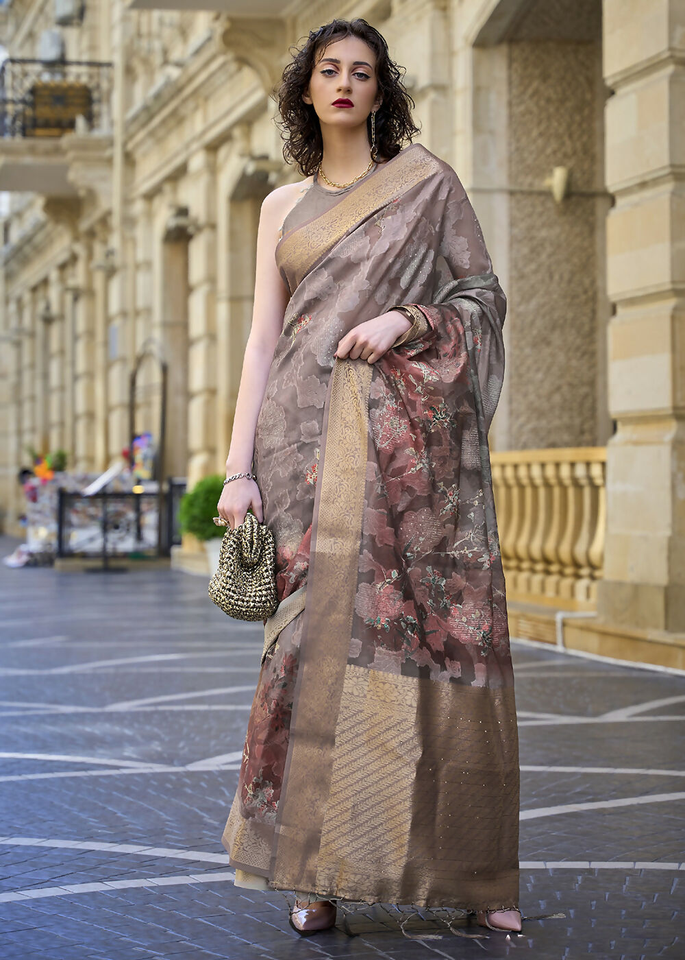 Lovely Brown & Grey Polly Brasso Designer Saree - Emponline - Distacart