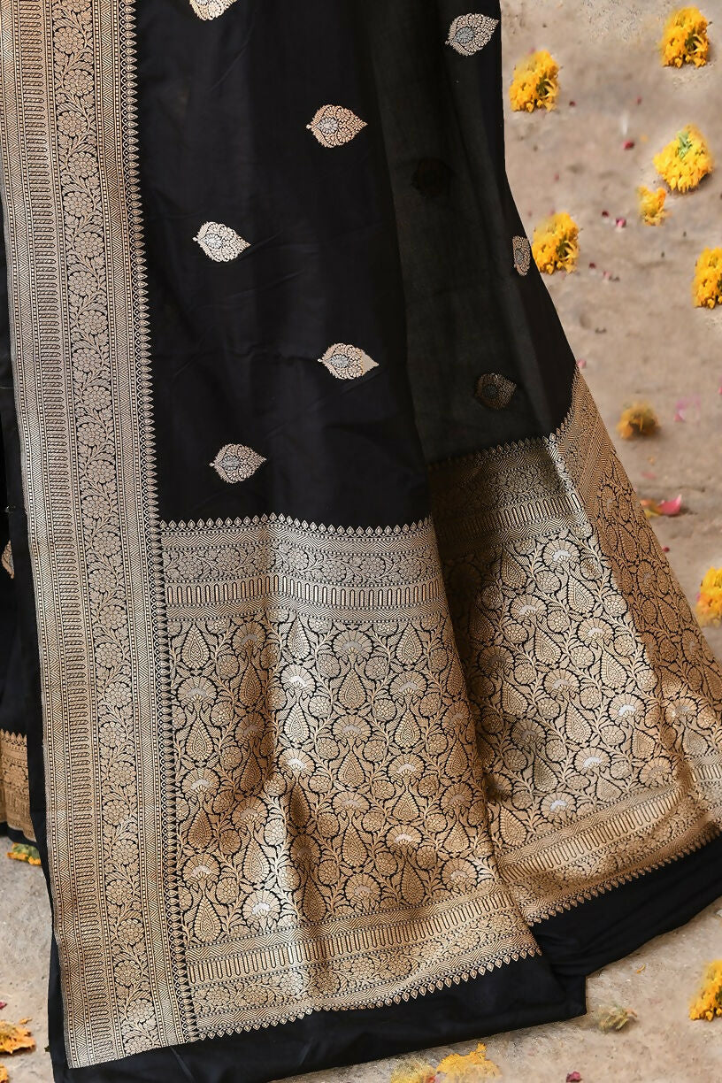 Joban Fashion Black Pure Katan Pure Handloom Banarasi Silk Saree