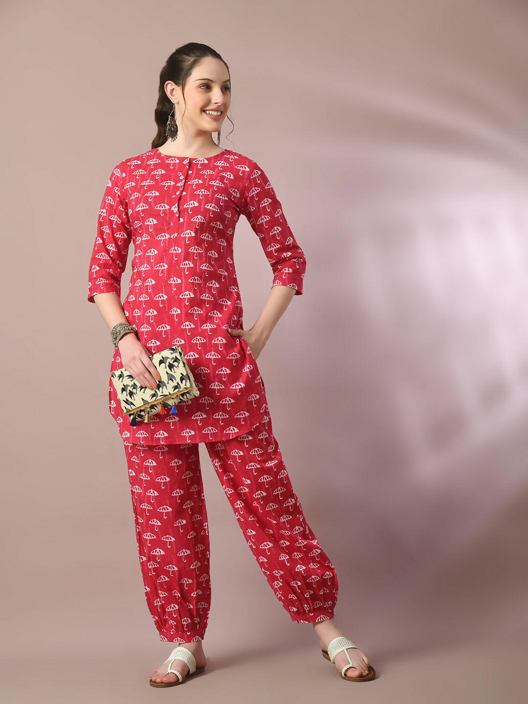 Myshka Women's Pink Printed Cotton Round Neck Party Tunic With Trousers Co-ord set - Distacart