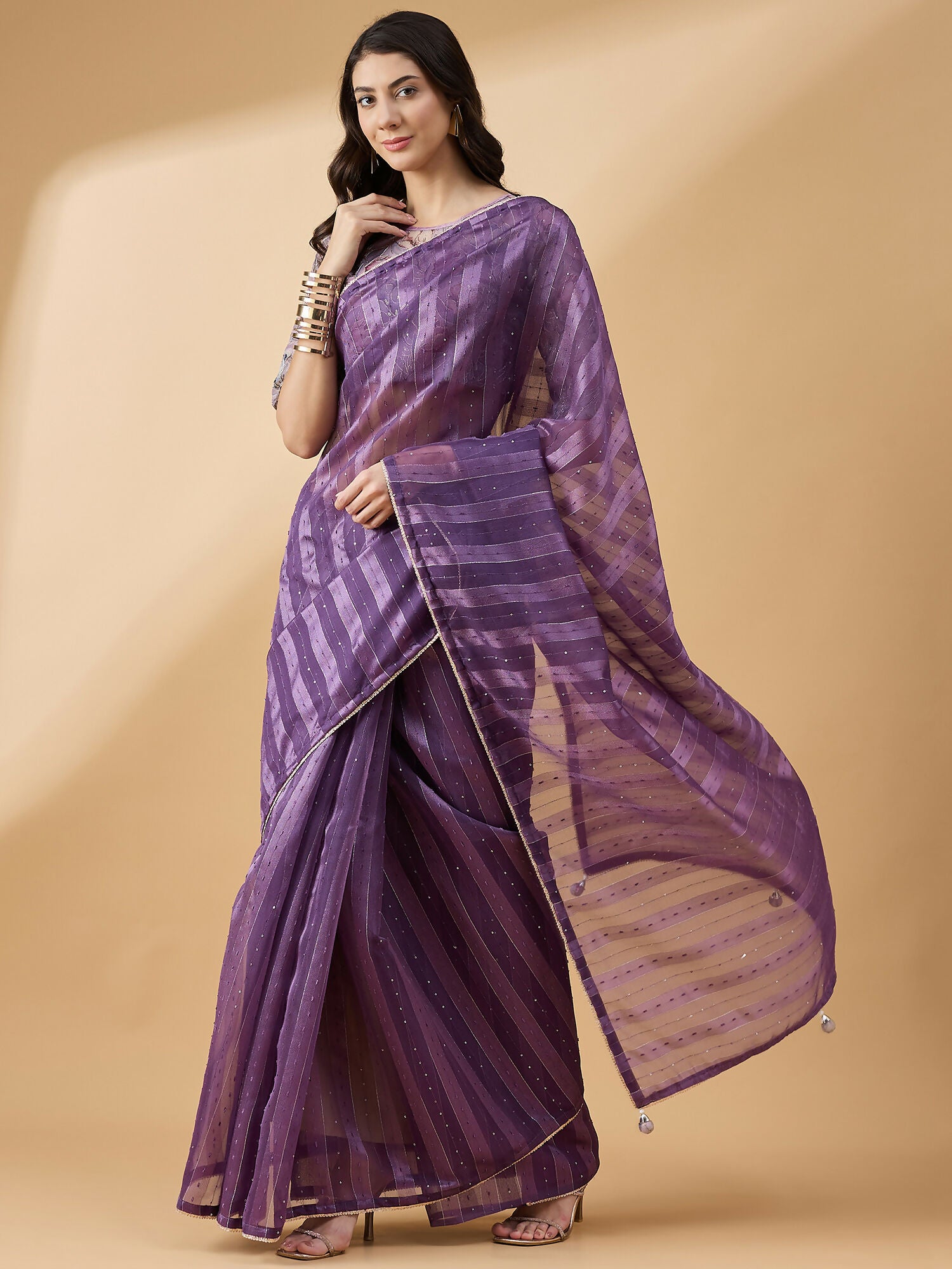 Purple Cotton Blend Sequence Work Saree with Stitched Blouse - Dharavi - Distacart