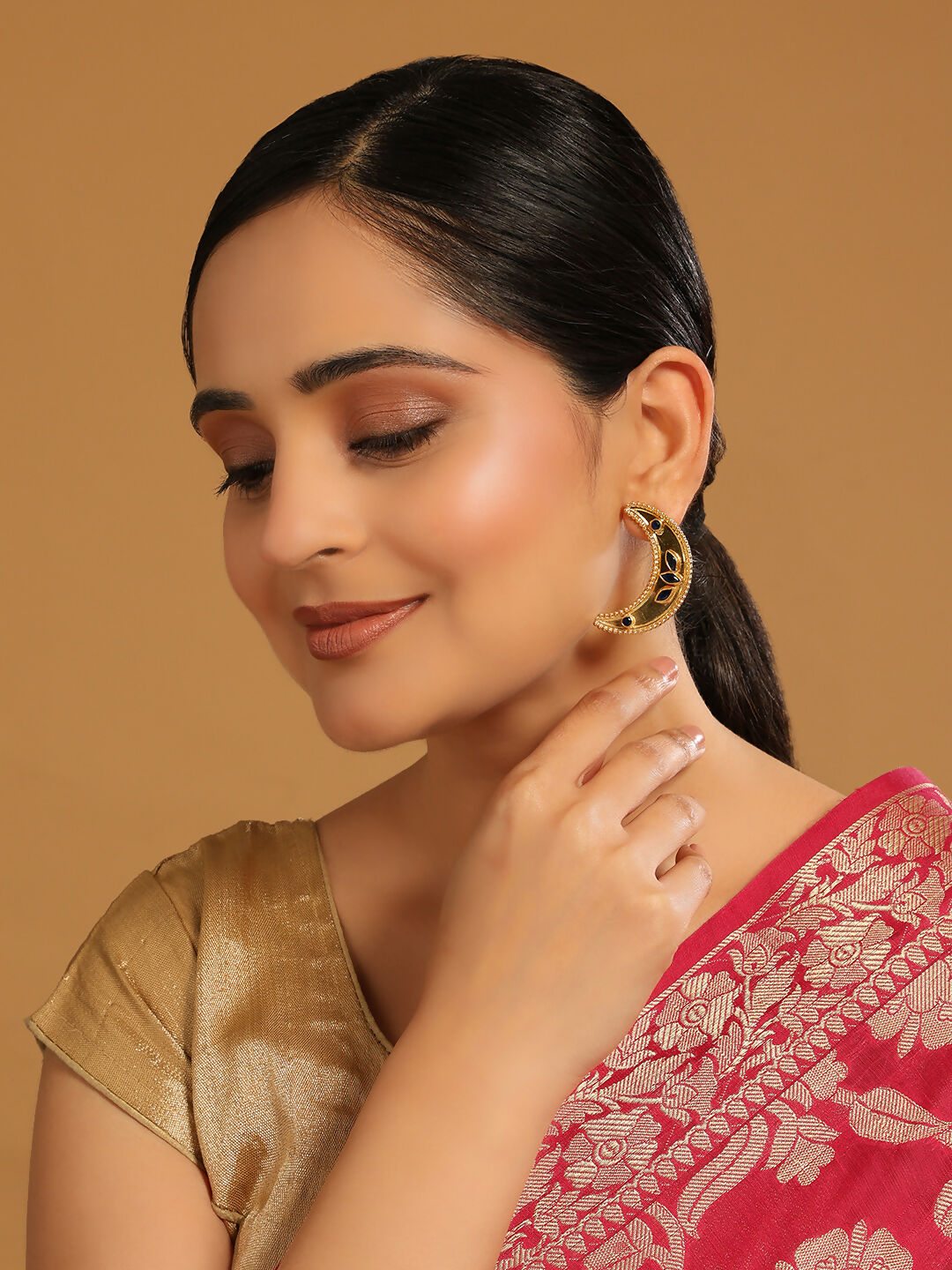 Nuyug 22K Gold-Plated Stone Studded Crescent Shaped Stud Earrings
