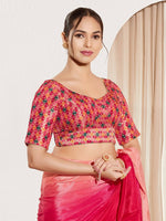 Thumbnail for Joban Fashion Pink Jacquard Padded Blouse With Round Neck Elbow Sleeves - Distacart