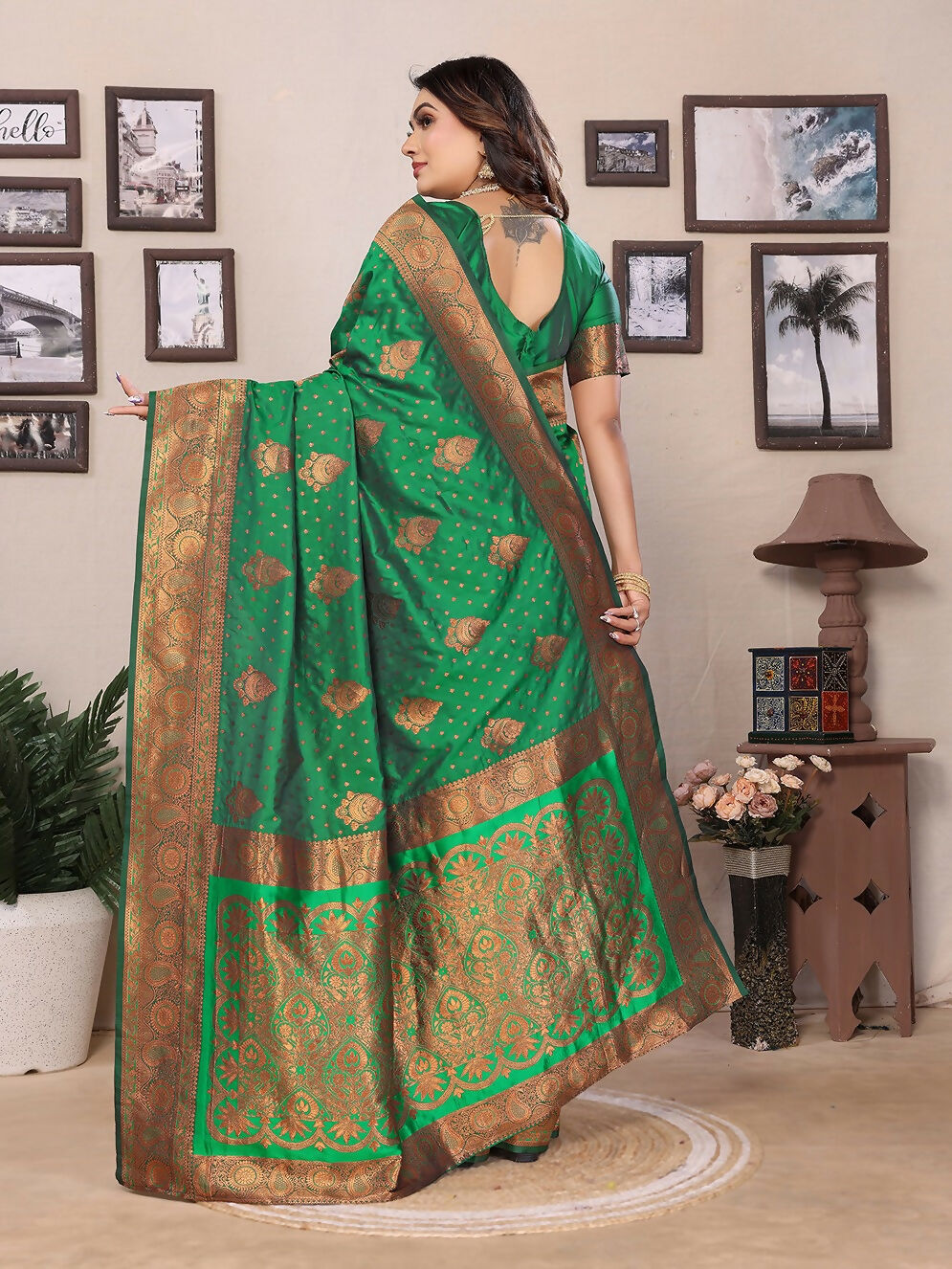 Joban Fashion Banarasi Green Woven Soft Silk Saree