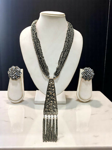 Inhanns Day-To-Dinner Tie Shaped Oxidized Black Metal Multi-Layered Long Necklace Set - Gray - Distacart