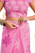 Thumbnail for Joban Fashion Pink Floral Linen Ready To Wear Saree With Unstitched Blouse - Distacart