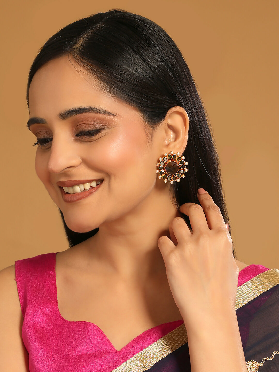 Nuyug 22K Gold Plated Faux Smoky Quartz & Crystal Studded Contemporary Floral Studs