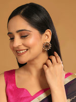 Thumbnail for Nuyug 22K Gold Plated Faux Smoky Quartz & Crystal Studded Contemporary Floral Studs