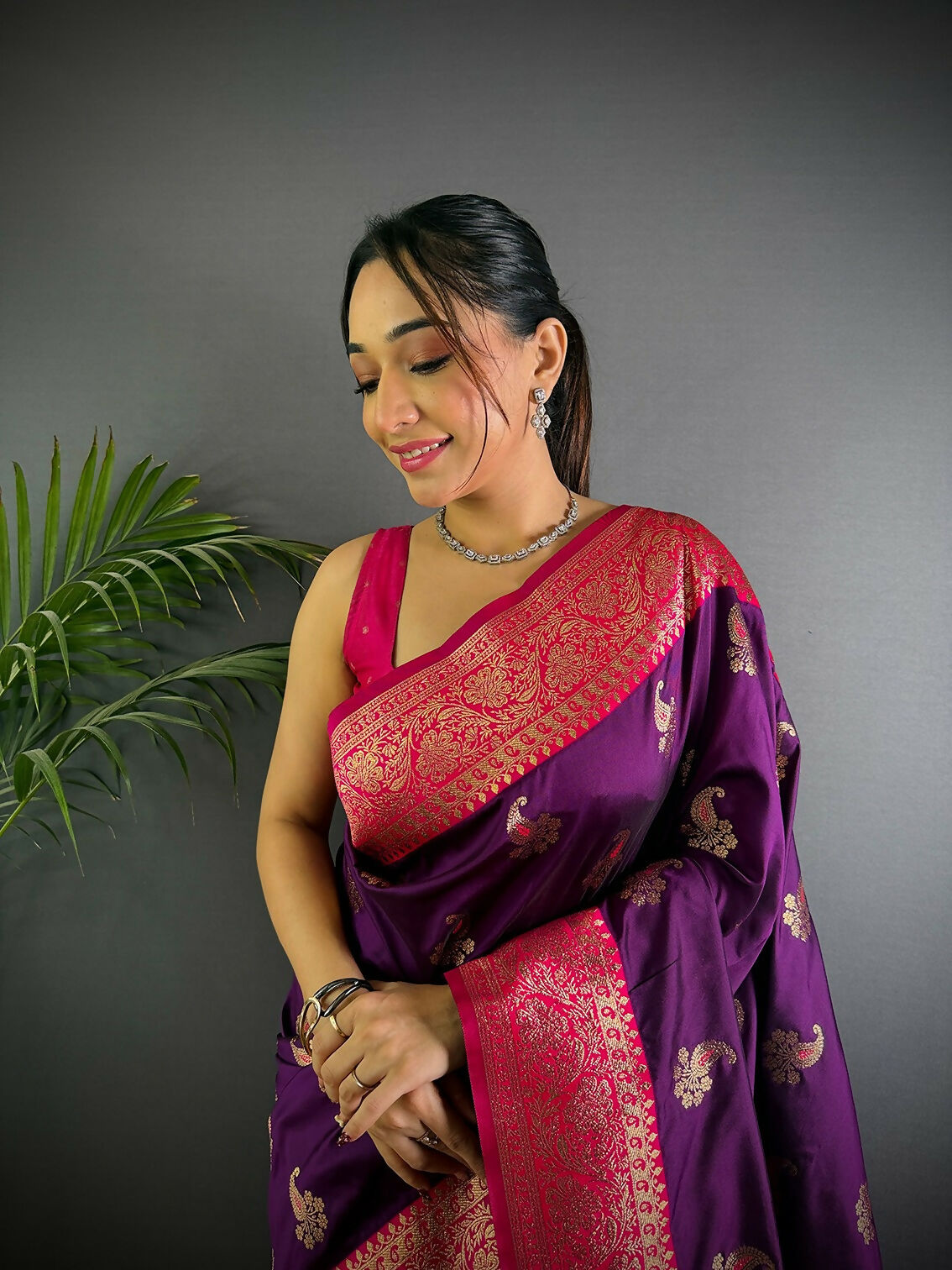 Joban Fashion Banarasi Purple Woven Butti Soft Silk Saree