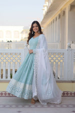 Thumbnail for Jyoti Fashion Women's Turquoise Faux Georgette Sequins Thread Embroidery Anarkali Dress with Dupatta - Distacart
