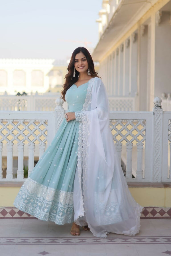 Jyoti Fashion Women's Turquoise Faux Georgette Sequins Thread Embroidery Anarkali Dress with Dupatta - Distacart