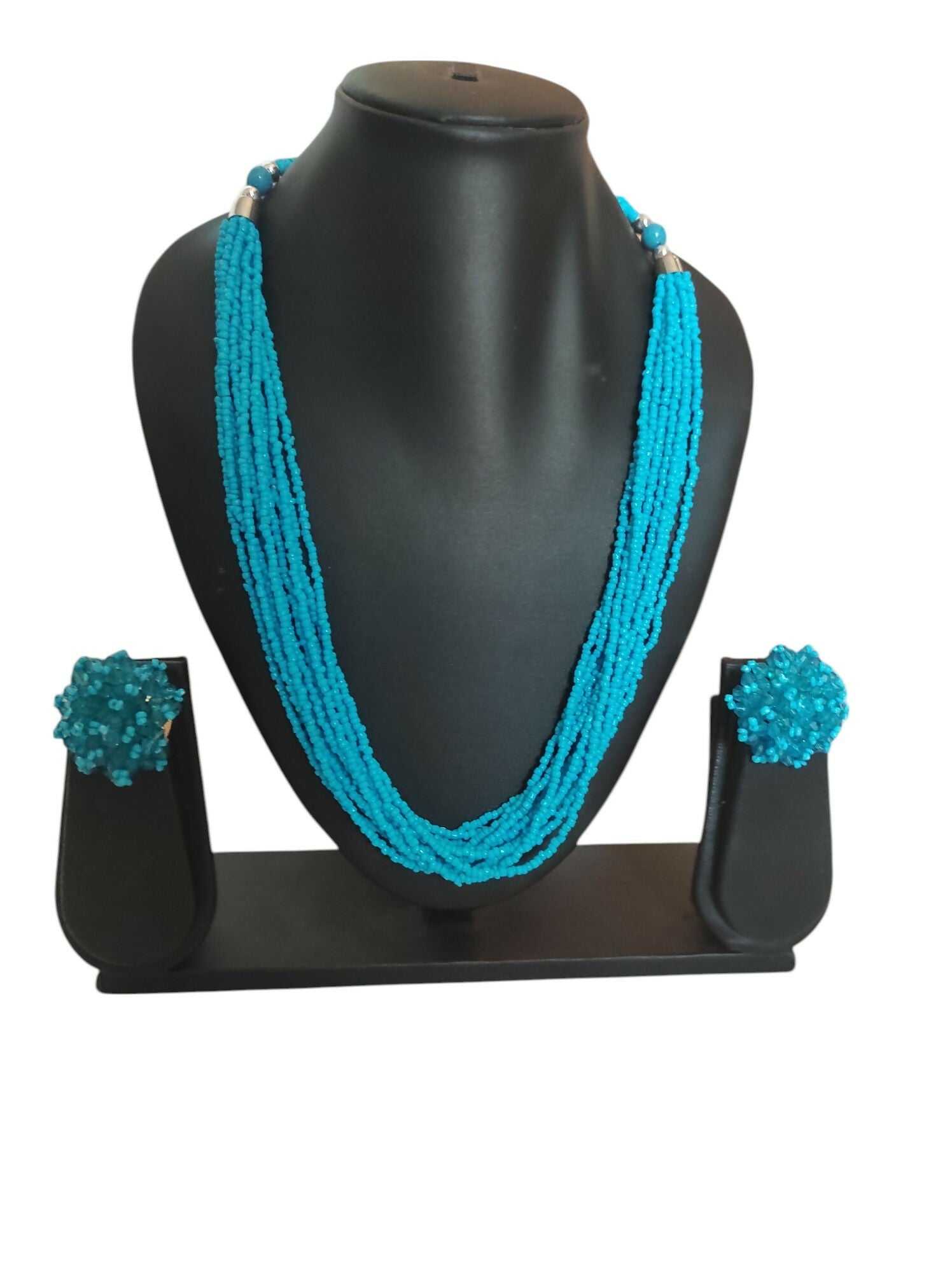 Inhanns Bloom Handmade Beaded Necklace With Earrings - 12 Layers - Skey Blue Necklace Set - Distacart