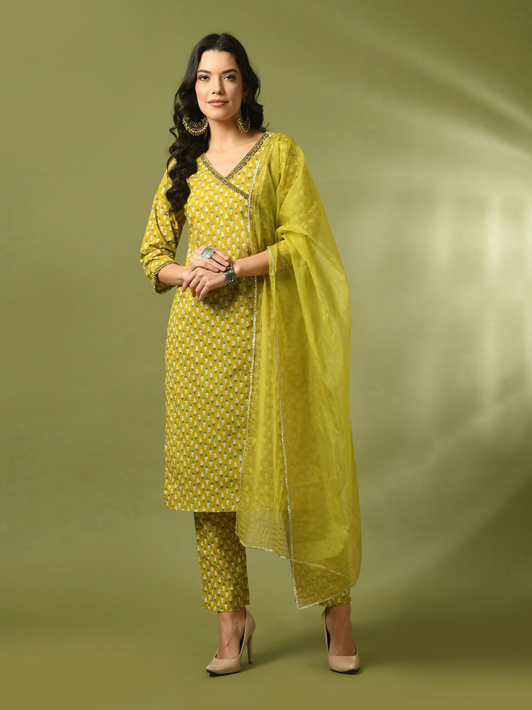 Myshka Women's Yellow Printed Cotton Straight Party Kurta Set With Dupatta - Distacart