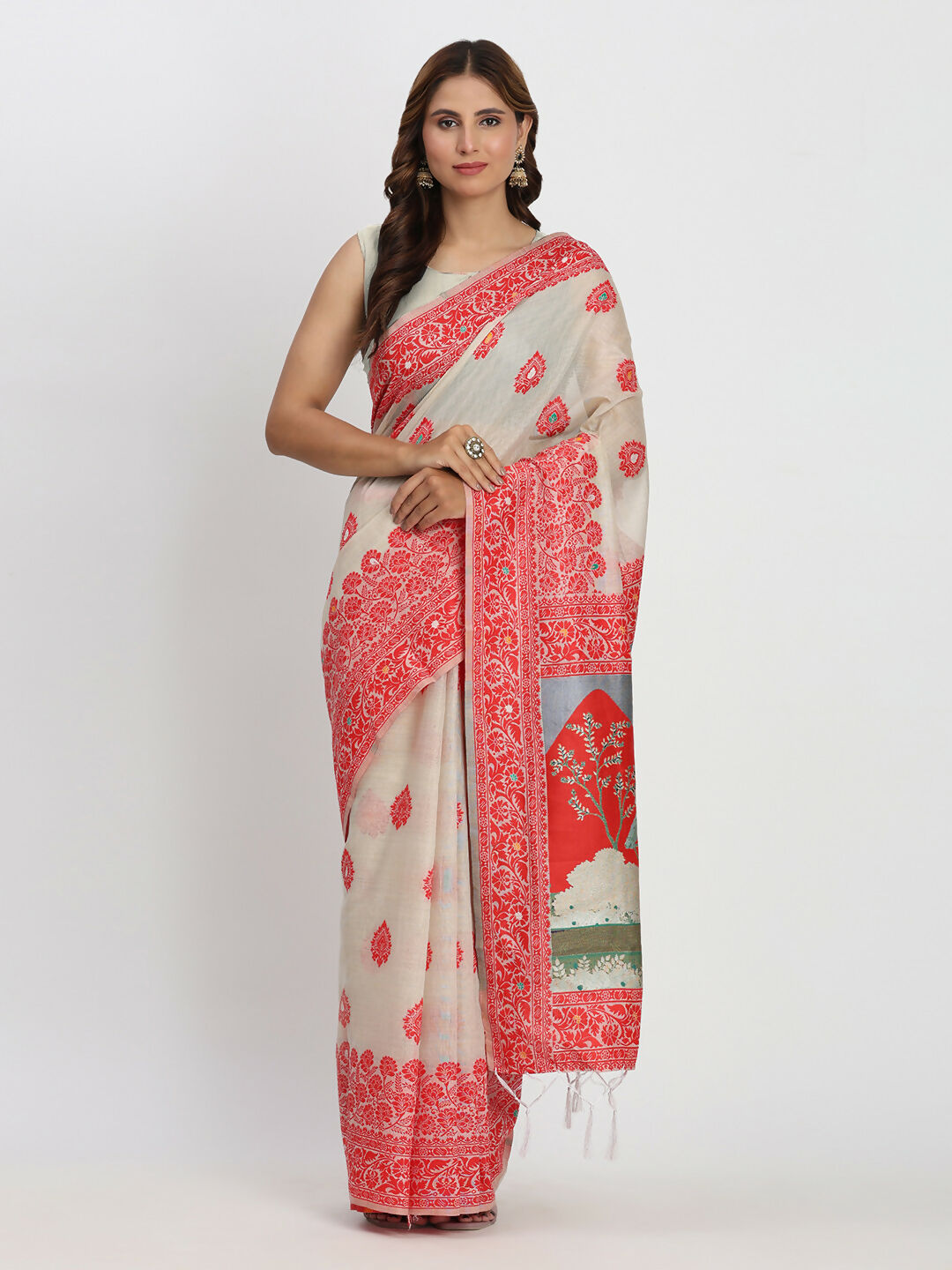Astita Linen Cotton Cream & Red Saree
