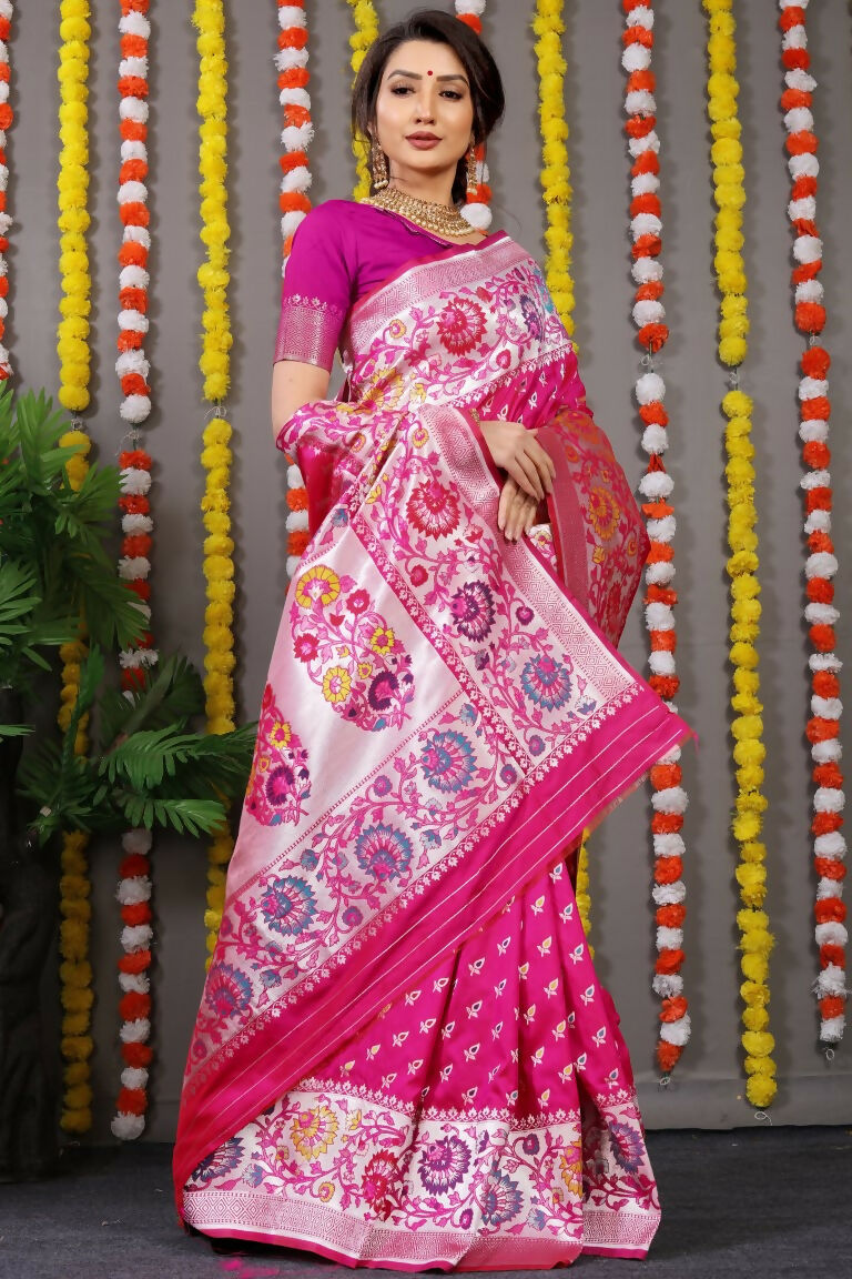 Jyoti Fashion Women's Rani Pink Banarasi Silk Zari Woven Saree with Blouse - Distacart