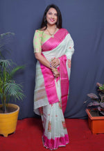 Thumbnail for Jyoti Fashion Women's Magenta Linen Silk Digital Print with Jacquard Woven Border Saree with Blouse - Distacart