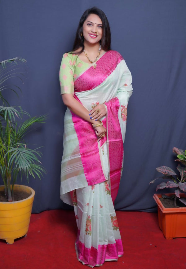 Jyoti Fashion Women's Magenta Linen Silk Digital Print with Jacquard Woven Border Saree with Blouse - Distacart