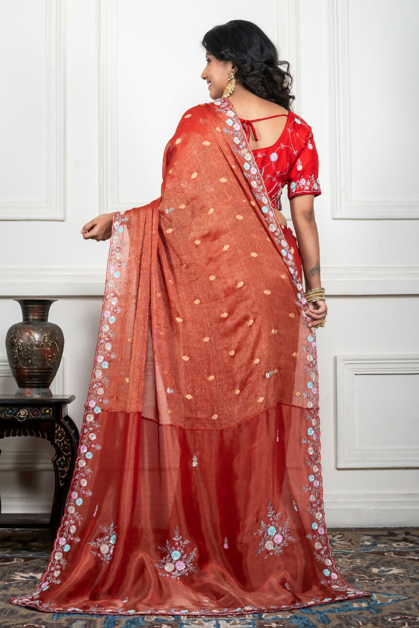 Morchari Rust Red Pure Chiffon Hand Embroidery Saree And Stitched Blouse