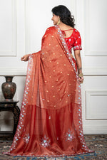 Thumbnail for Morchari Rust Red Pure Chiffon Hand Embroidery Saree And Stitched Blouse