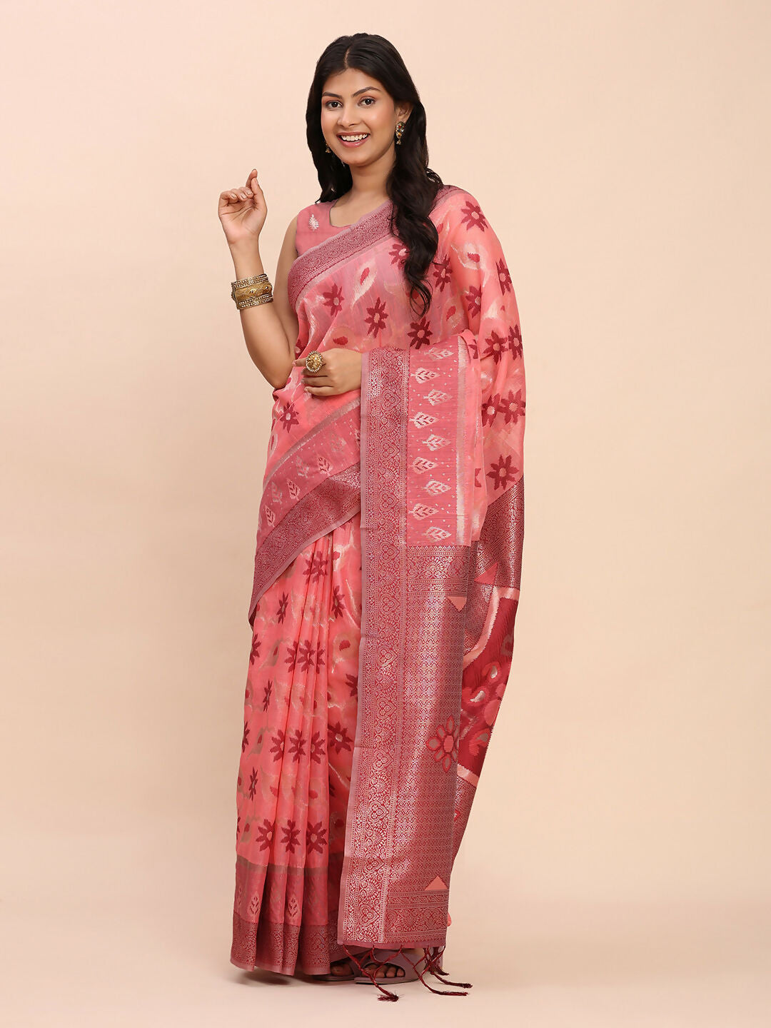 Astita Linen Cotton Peach Saree