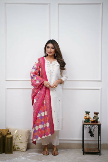 The52 Off White Beautiful Embroidered Viscose Chanderi Fabric Straight Kurta Pant with Dupatta Set - Distacart