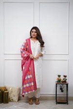 Thumbnail for The52 Off White Beautiful Embroidered Viscose Chanderi Fabric Straight Kurta Pant with Dupatta Set - Distacart