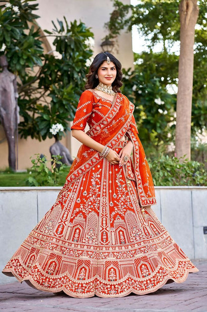 Lehenga Mart Orange Designer Wedding Wear Lehenga Choli - Dista