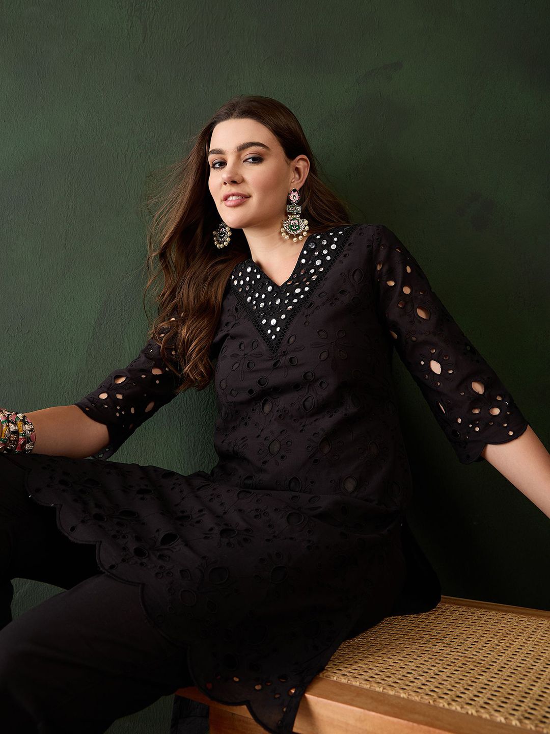 Sangria Embroidered Regular Mirror Work Pure Cotton Kurti With Trousers