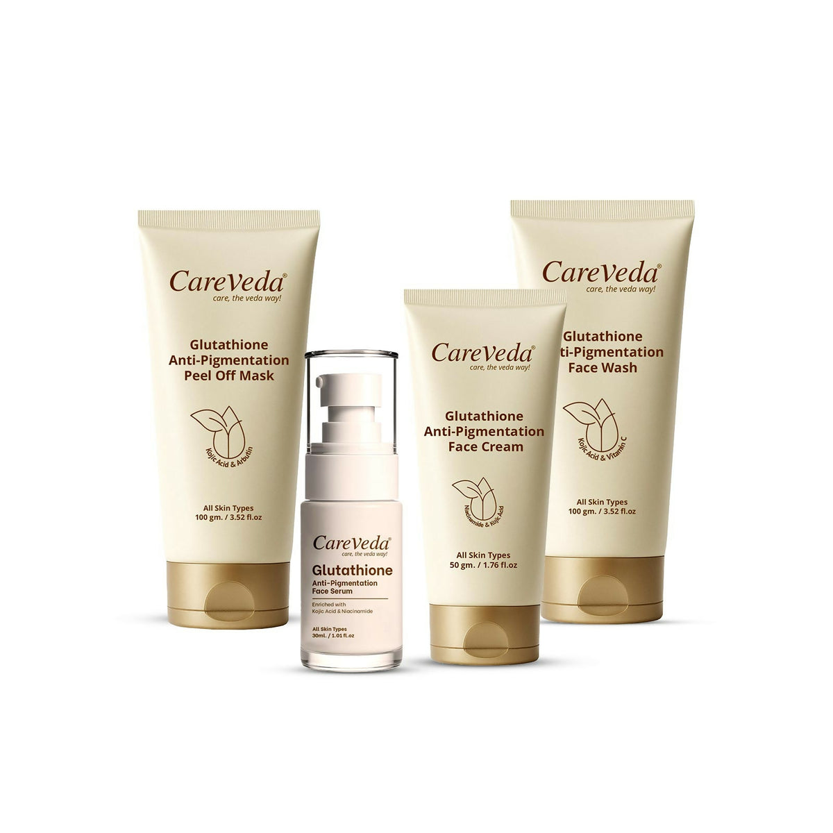 CareVeda Glutathione Skin Care Set of 4 | Face Wash & Cream, Peel off Mask, Serum for Bright & Even-Toned Skin - Dista
