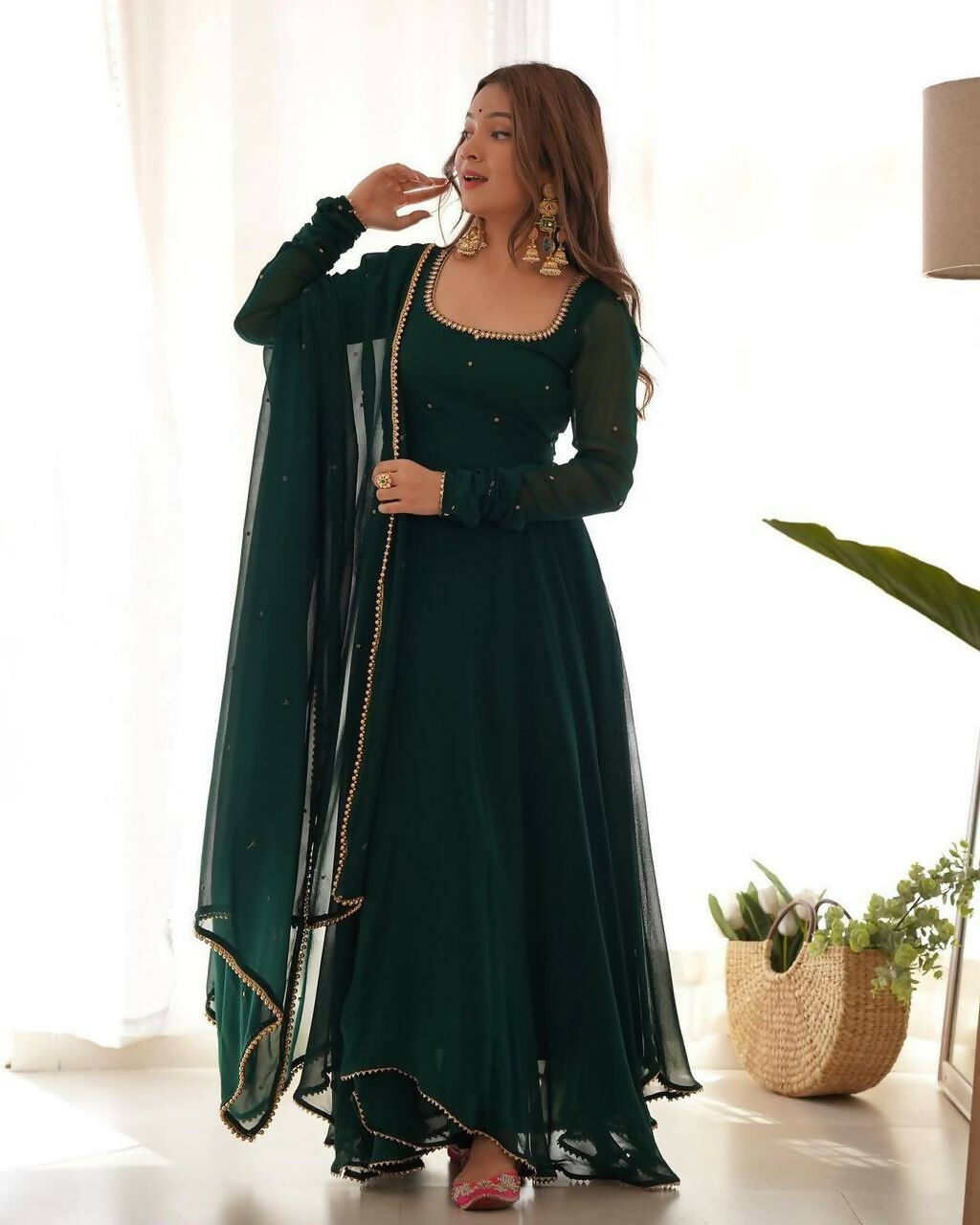 Preksha Creation Indian Special Georgette Women Green Gown With Dupatta - Distacart