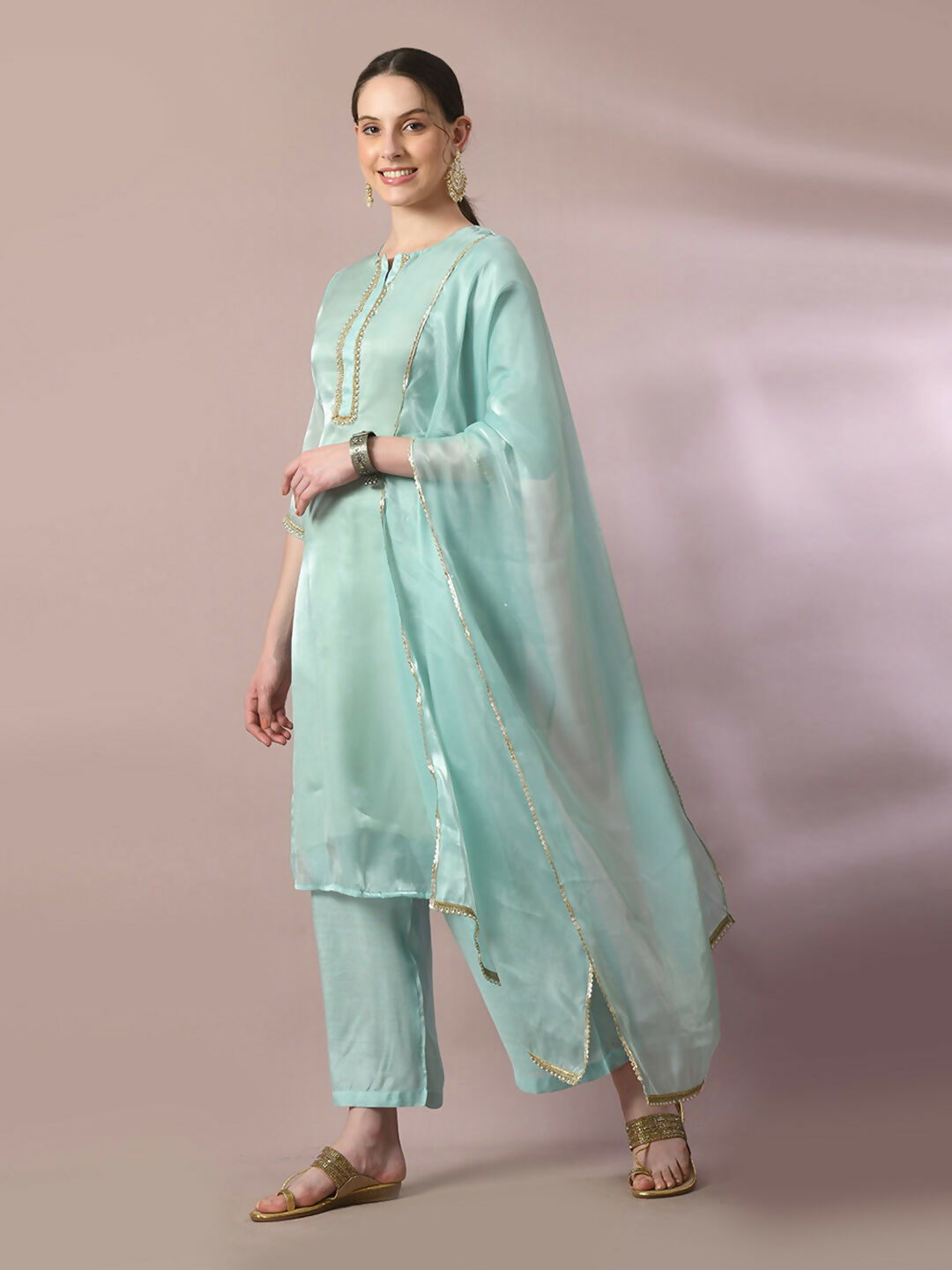 Myshka Women's Sea Green Solid Straight Party Kurta Set With Dupatta - Distacart