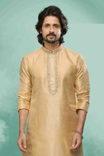 Thumbnail for Raivat Ethnic Art Silk Mirror Embroidery Work Kurta Pajama In Beige Colour - Dista