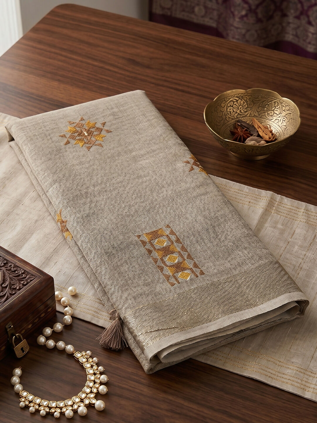Shree Shyam Fashion Light Beige Linen Saree - Dista