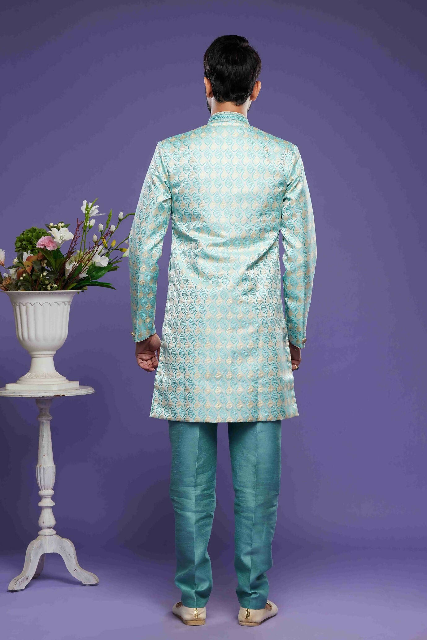 Raivat Ethnic Banarasi Jacquard Embroidery Semi Indo Western Sherwani In Sky Blue Colour