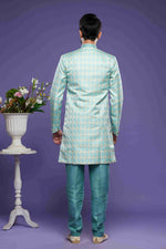 Thumbnail for Raivat Ethnic Banarasi Jacquard Embroidery Semi Indo Western Sherwani In Sky Blue Colour