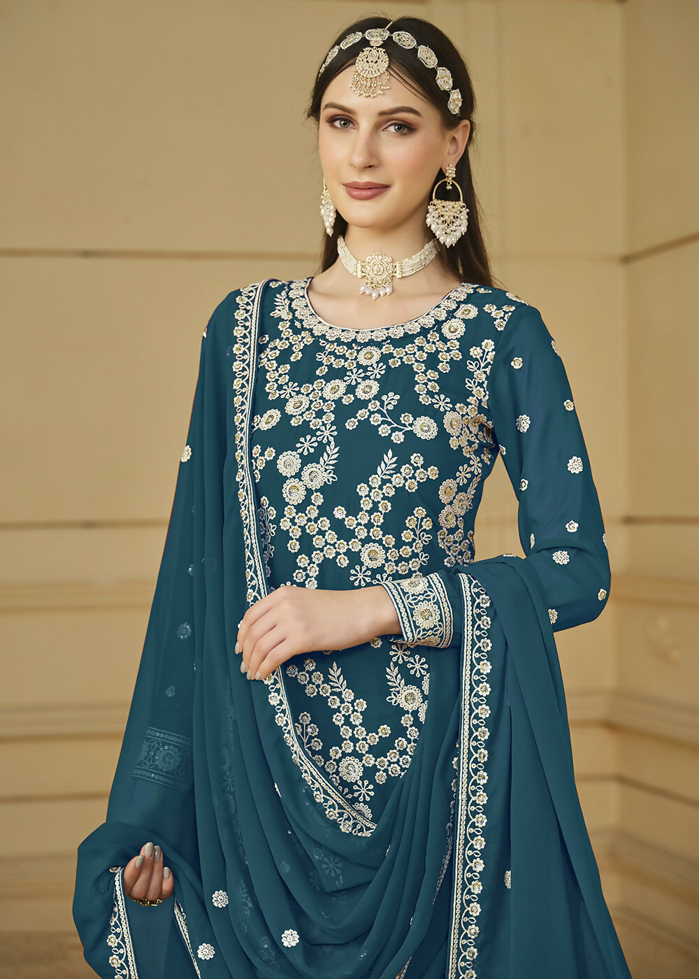 Turquoise Blue Embroidered Georgette Gharara Style Suit - Emponline - Distacart