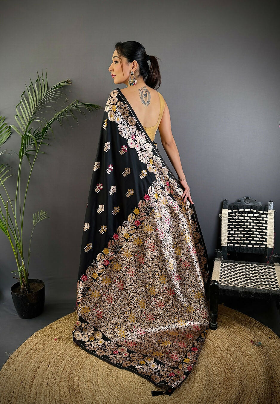 Joban Fashion Meenakari Black Woven Soft Silk Saree