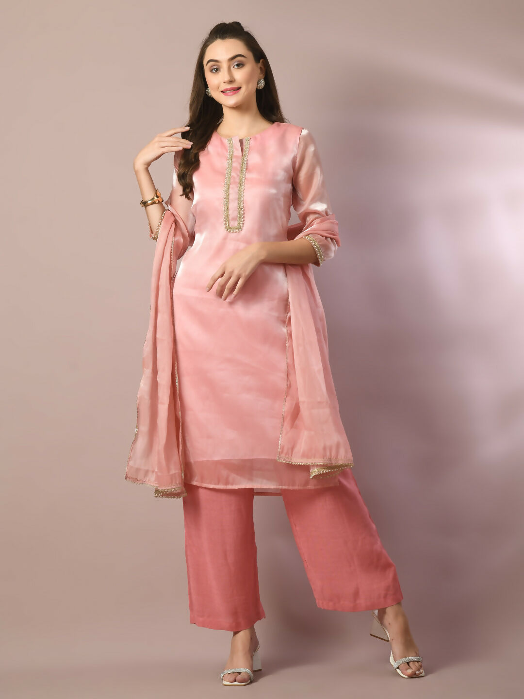 Myshka Women's Pink Solid Straight Party Kurta Set With Dupatta - Distacart