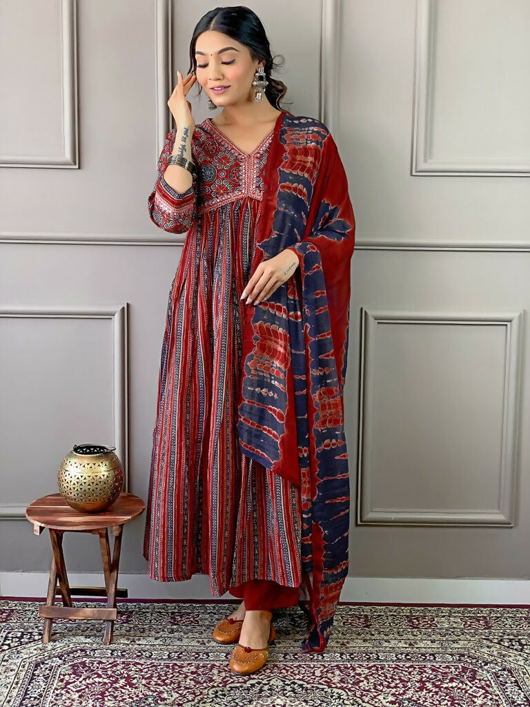 Partywear Designer Cotton Maroon Stitched Suit With Dupatta - Tanisha - Distacart