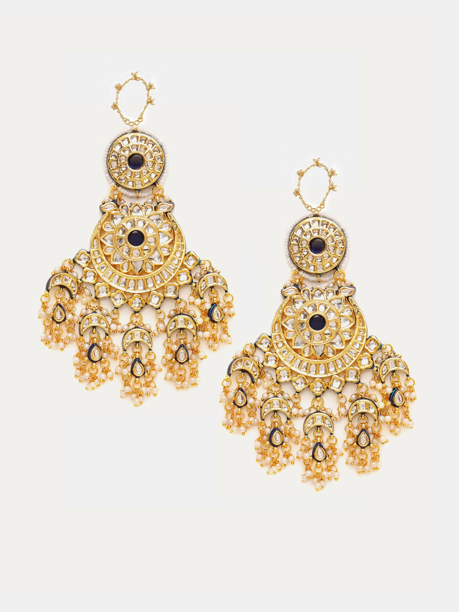 Ruby Raang 22k Gold Polished Kundan Chand Earrings With Ear Chains