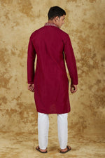 Thumbnail for Bluesaanchi Men's Handloom Embroidered Crimson Kurta Set - Distacart
