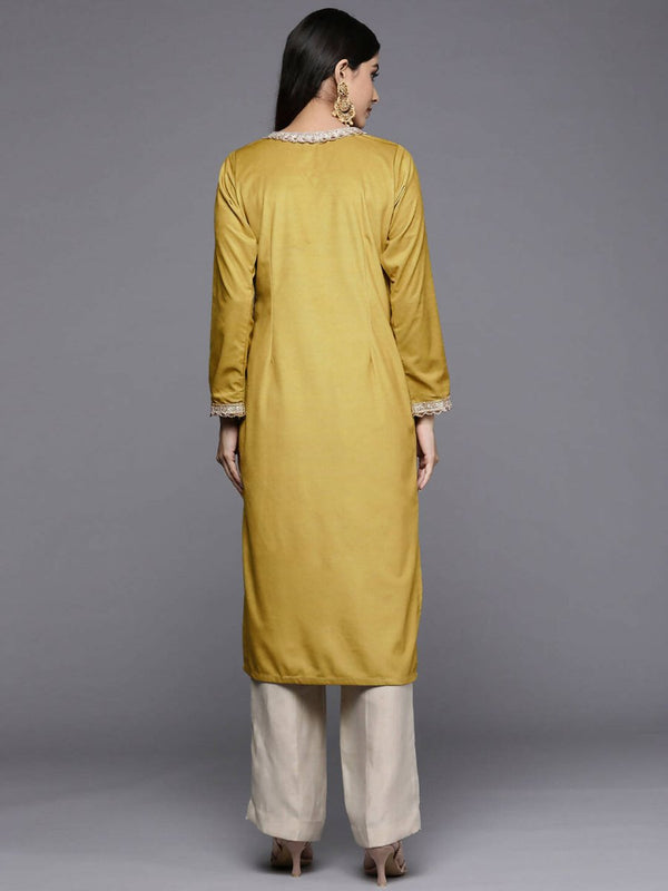 Ahalyaa Women Mustard Yellow & Golden Ethnic Motifs Yoke Design Velvet Kurta - Distacart